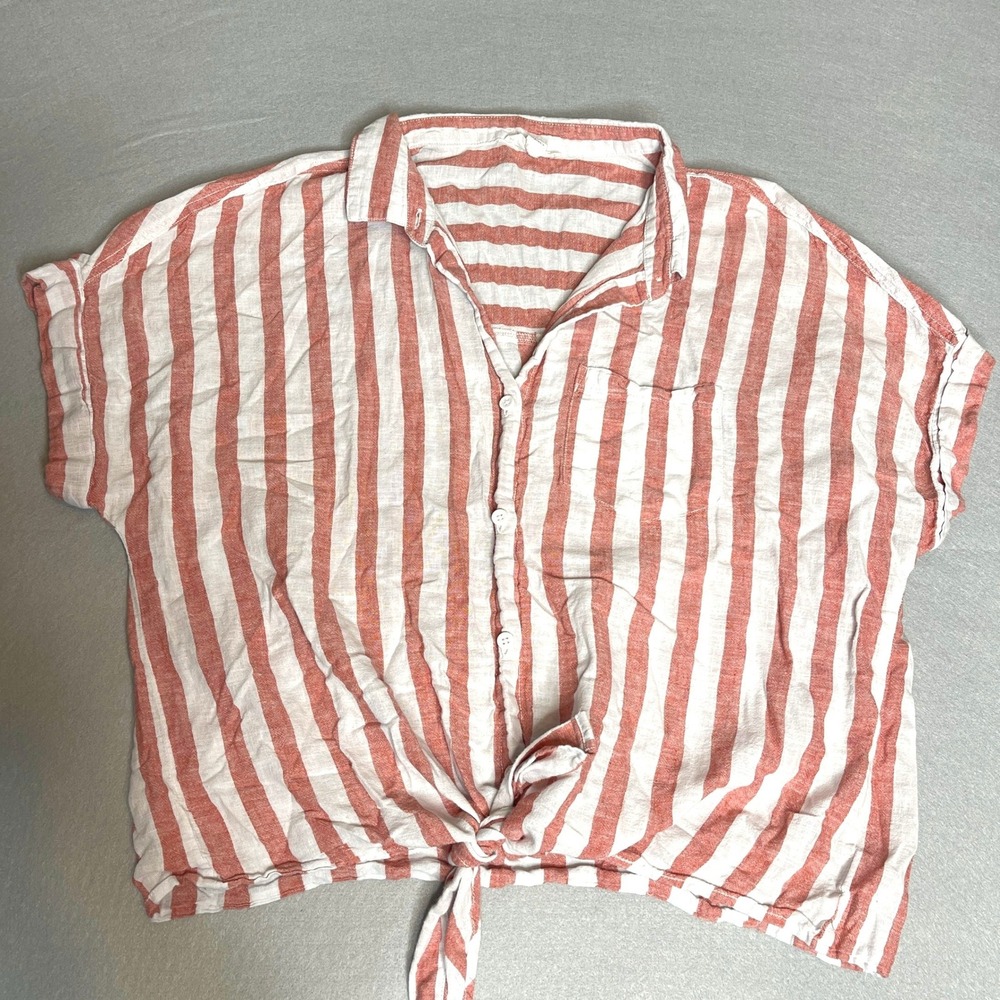 Beach Lunch Lounge Red White Striped Tie Front Button Down Linen Blend‎ Shirt XL